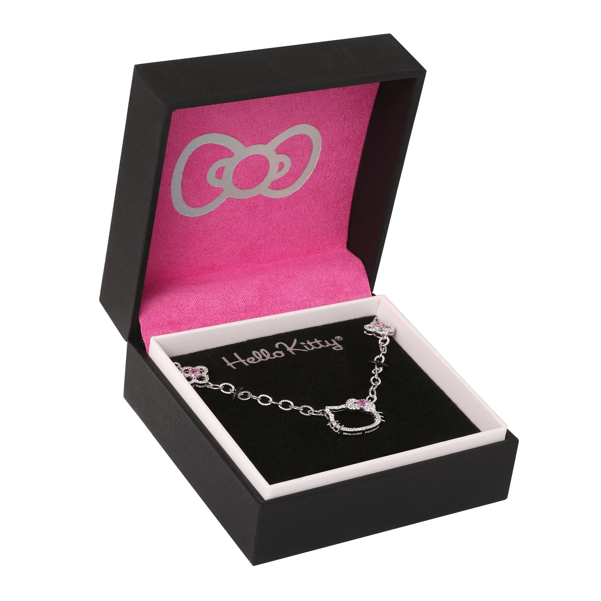 Hello Kitty 18" Quatrefoil Sterling Silver Drop Necklace (Pink & White Sapphire) - Image 3