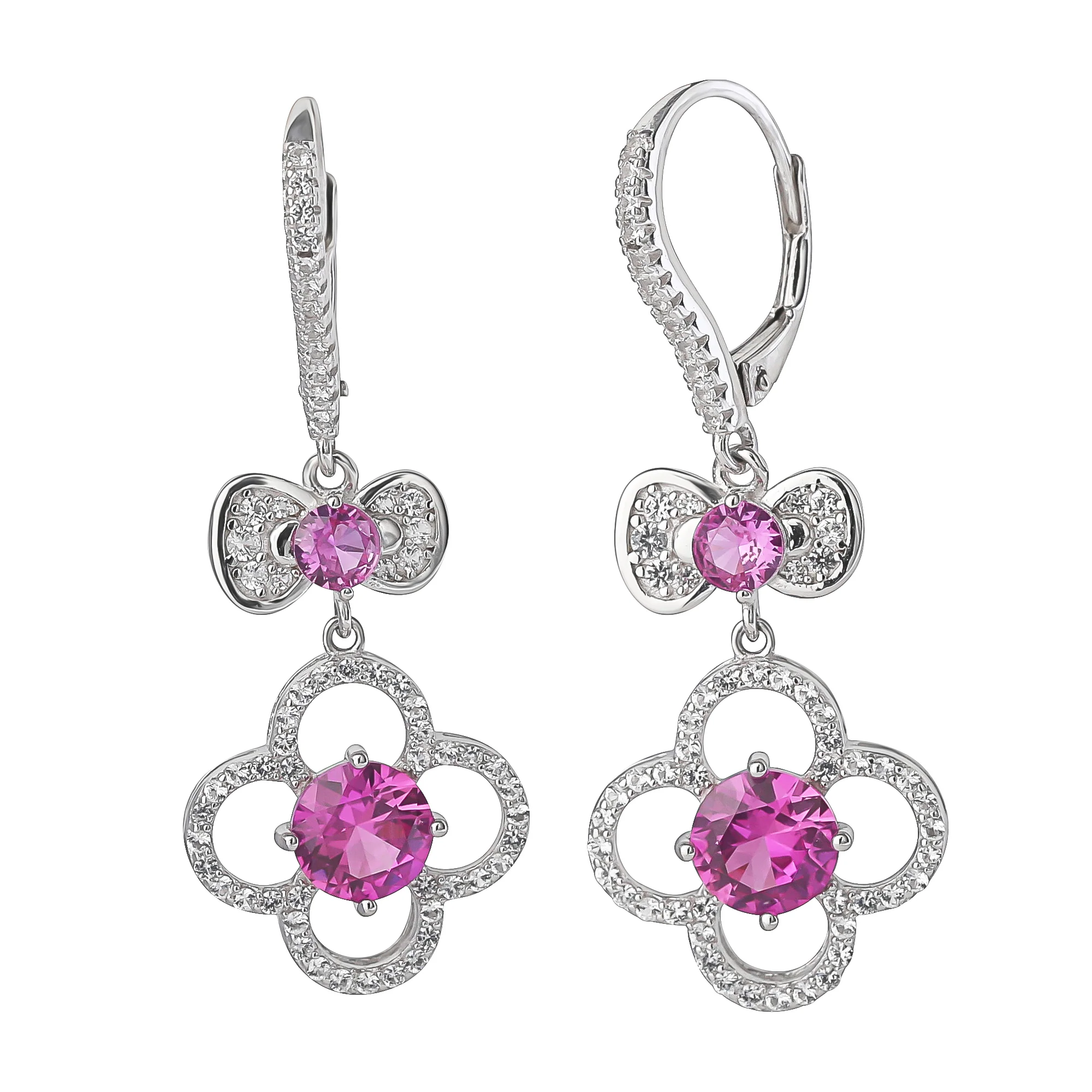 Hello Kitty Quatrefoil Sterling Silver Drop Earrings (Pink & White Sapphire)